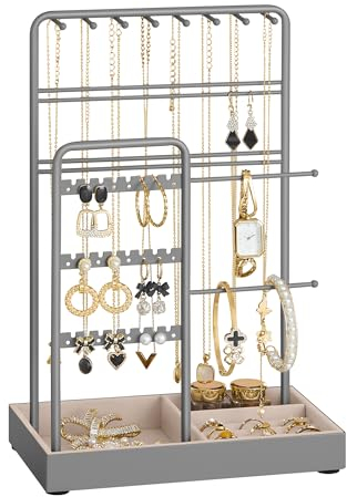 SONGMICS Schmuckständer, Schmuckhalter, Metallrahmen, Schmucktablett Samt, Schmuckaufbewahrung für Halsketten Armbänder Ohrringe Ohrstecker Ringe, Geschenkidee, taubengrau JJS021G01