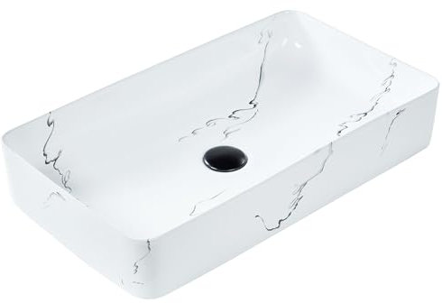Lavabo en Céramique 61 x 35 cm Effet Marbre Comptoir Evier Rectangulaire Salle de Bain Blanc Hopi