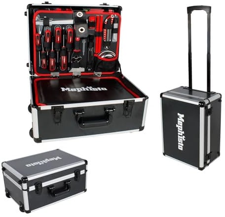 Mephisto Werkzeugtrolley Werkzeugkoffer mit Trolleyfunktion gefüllt mit Chrom-Vandium Werkzeug wie Ratschenschlüssel Set, Hammer, Werkzeugkasten Set insgesamt 299 tlg.