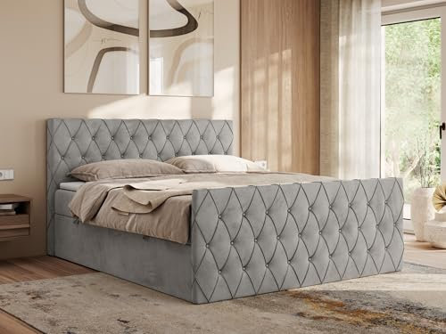 MKS MEBLE Boxspringbett 180x200 cm Miren Duo – Bett mit Bettkasten & Kopfteil, Ziernähte/Steppung – 2× 7-Zonen Taschenfederkern Matratze H3 mit Topper T25 – Hellgrau Velvet