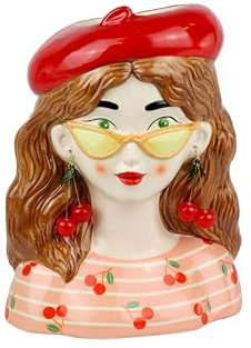 große Vase Frauenkopf Kopf Büste Blumenvase Gesicht Frau mit Kirschen- Topf Keramik, 27 cm hoch