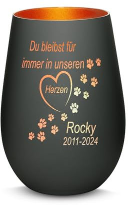 Gravur-Max Haustier Trauerlicht mit Gravur Du bleibst für Immer in unseren Herzen mit Wunschname und Pfoten mit Einer hochwertigen Lasergravur in der Farbe Schwarz/Bronze