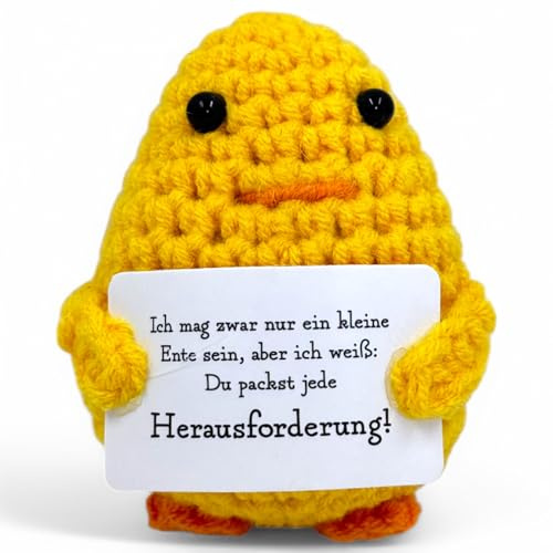 MIJOMA Glücksbringer Positive Friends – handgefertigte Häkelfiguren mit motivierenden Botschaften, ideal als Mitbringsel Wegbegleiter Mutmacher (Ente - Herausforderung)