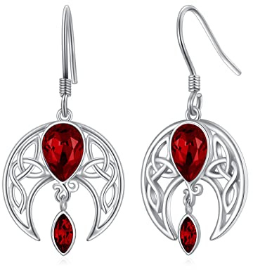 AOBOCO Keltische Ohrringe Halbmond-Ohrhänger aus 925 Sterling Silber mit Simulierten Rubin Roten Juli Geburtssteinen Keltisch Irischer Schmuck für Damen