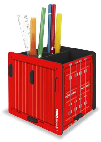 itenga Stifteköcher mit Motiv zum Zusammenstecken - 3 Fächer - Stiftehalter Kinder Schüler Schreibtisch Organizer Stiftebox - 10x 10 x 9,5cm (Motiv Überseecontainer)
