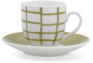 Quid Kansas Juego de 6 Tazas de Café con Plato, Porcelana Blanca con Diseño Cuadriculado Verde, 90 ml