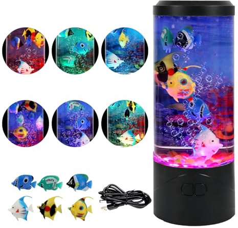 Künstliche Aquarium-Lampe, Blasen-Fisch-Lampe mit 6 künstlichen Fischen, Nachtlichter, sensorisches Geschenk für Kinder und Erwachsene, für Zimmer, Büros und Wohnräume