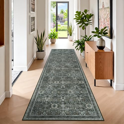 IMIYOKU Läufer Flur rutschfest Vintage 65x240 Waschbar Flurteppich Lang Grüner Teppich Flur Eingangsbereich Boho Läufer Schlafzimmer Küche Kurzflor Teppich