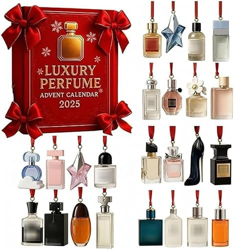Luxus Parfüm Adventskalender 2025, 24-Tage-Weihnachts-Countdown Kalender mit 24 Mini 2D Flache Parfüm-Ornamente, 24 Tage Designer Düfte für Damen und Herren, Premium Urlauber für Damen und Herren