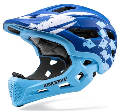 Kids Full Face Helmet Convertible Toddler Bike Helmets with Detachable Chin Guard Boys Girls 5-10 Years Skateboard Scooter Balance Bike BMX MTB Bicycle (Check Flag-Sky Blue)