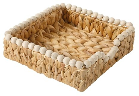 Gibson Home Riverrun Grove Woven Decorative Napkin Holder Tray – Natural Water Hyacinth Square Basket with Wood-Bead Trim for Napkins, Keys, Mail, Coffee Table Décor & Kitchen Counter Storage