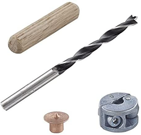 wolfcraft 2918000 - Lot d'Assemblage avec Foret à Bois, Butée de Profondeur, 4 Centreurs et lot de 19 Tourillons - Diamètre 10 mm