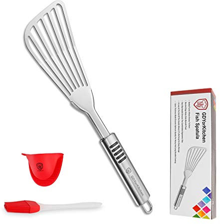 Fish Spatula - Stainless Steel Slotted Turner with Durable 1.2mm Thickness Blade for Fish/Egg/Meat/Dumpling Turning, Flipping, Frying and Grilling, Free Silicone Brush and Bonus Oven Mitt - Set of 1