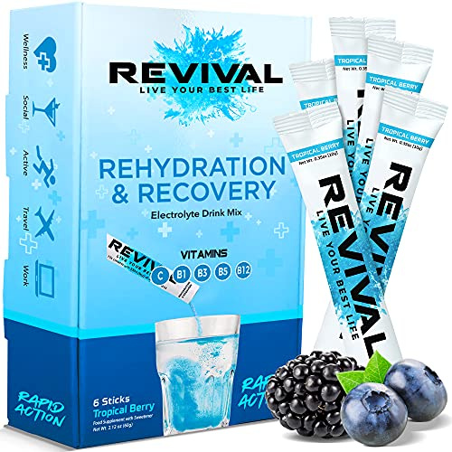 Revival Rapid Rehydration Electrolytes Powder | High Strength Sachet Drink | Plant Based Hydration Electrolytes Sachets with Vitamins B1, B3, B5 & B12 | Tropical Berry, 6 Pack