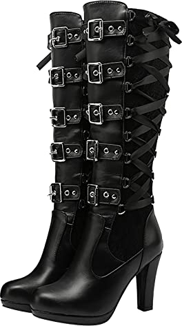 SoonerQuicker Botas altas hasta la rodilla para mujer, tacón alto, botas de plataforma de tacón de bloque, botas de cuero con cordones, steampunk, gótico, vintage, cosplay, Black, 37 EU