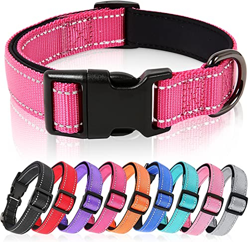 HEELE Hundehalsband, weich gepolstertes Neopren Nylon Hunde Halsband für kleine mittlere große Hunde und Welpen, verstellbare und reflektierende Halsband Hund für Training, Rosa, S