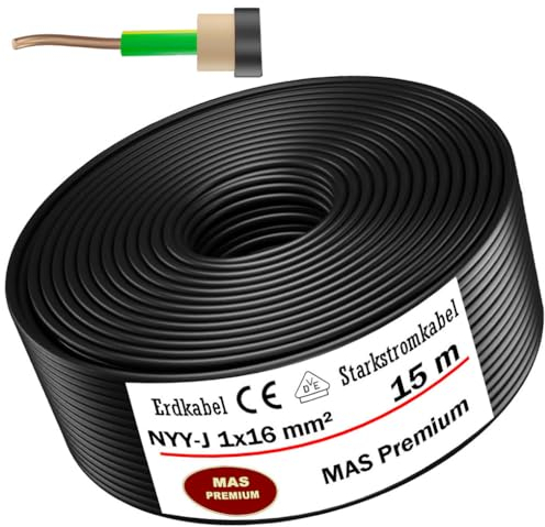 Erdkabel Stromkabel 5, 10, 15, 20, 25, 30, 35, 40, 50, 60, 70, 75, 80, 90 oder 100 m NYY-J 1x16 mm² Elektrokabel Ring zur Verlegung im Freien, Erdreich (15m)