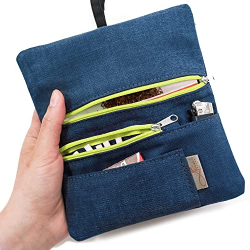 Porta Tabacco Cartine e Filtri - Cucito a Mano - Astuccio Portatabacco in Tessuto con Scomparti per Cartine, Filtri, Accendino, Carte e Contanti – Uomo e Donna (Blu - Verde)