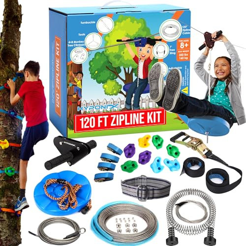 Hyponix 120' Zipline Kit for Backyard - 100% Stainless Steel - Zipline for Kids & Adults - Includes 120' Zipline, Quick Setup Kit, 4 Monkey Tree Climbers, 8 Rock Climbing Holds - Suitable for All Ages
