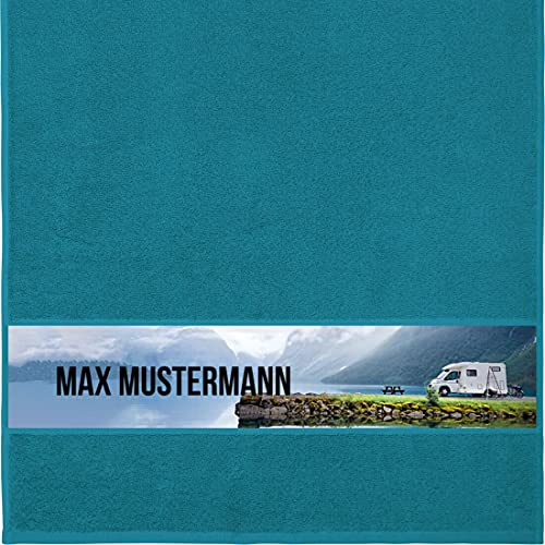 Manutextur Handtuch mit Namen - personalisiert - Motiv Wohnmobil 2 - viele Farben & Motive - Dusch-Handtuch - Petrol - Größe 50x100 cm - persönliches Geschenk mit Wunsch-Motiv und Wunsch-Name