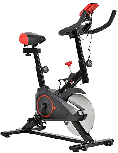 HOMCOM Bicicleta Estática Ciclo Indoor con Pantalla LCD Pulsómetro Sillín y Manillar Ajustables en Altura Volante de Inercia de 6 kg y Resistencia Regulable 85x46x114 cm Negro y Rojo