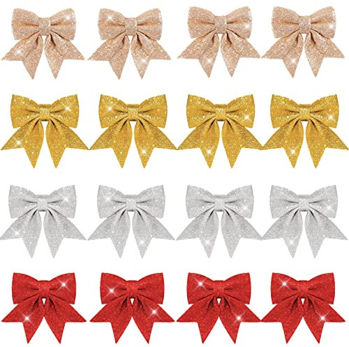 POPOYU 16PCS Noël Arbre Bow Pailletés Rouge/Or/Or Rose/Argent,12cm Noeud de Noël Arcs de Noël Nœuds Paillettes pour Arbres de Noël,Noeuds à Paillettes Band pour Sapin de Noël Emballage Cadeau