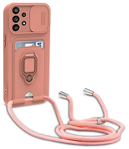 yanasuo Schiebe Kameraschutz Silikon Handykette Hülle kompatibel mit Samsung Galaxy A52 (4G/5G) / A52s 5G, Metall Ring Halter Handy Cover,Verstellbarer Halskette Handyhülle-Pink