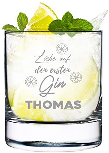Ginglas graviert mit Spruch - Cocktailglas mit 320 ml Fassungsvolumen Gin & Tonic - personalisiert - Für echte Genießer - Tonic Water Für Männer und Frauen - Spruch: Liebe auf den ersten Gin
