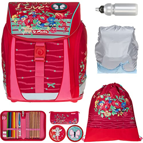 Herlitz Ranzen Schultasche für Jungen Mädchen FiloLigh Plus 8 Teile Set Grundschule Schulranzen Tornister leicht Bauchgurt Brustgurt Regenhülle Wahl +rf (Vintage Love 865)