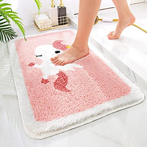 ZZDXL Badezimmerteppich Rosa Einhorn Badematte rutschfest,Weiche Badteppich,Badvorleger Duschvorleger,Teppich Badezimmer Waschbar,Bad Teppich Flauschig40×60cm