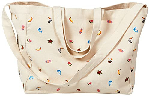 Sowel® Strandtasche mit Schulterriemen, Stofftasche, 100% Baumwolle, Damen und Herren (Unisex), Bestickte Badetasche, Shopper, Umhängetasche, Natur Baumwolle Canvas, 50 x 20 x 40 cm (LxBxH)