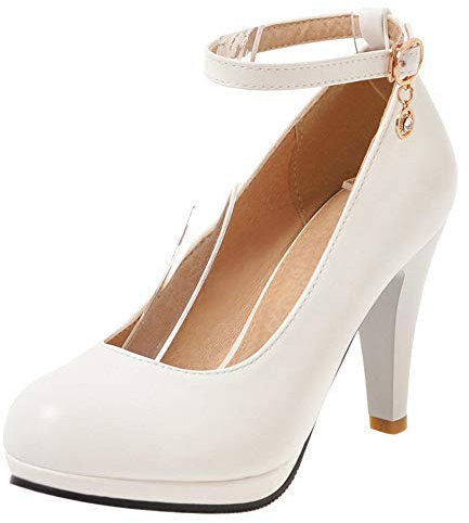 Escarpins Habillés Femme, Escarpins Cônique Elegant Chaussures de Mariage Talons Hauts Bout Rond Bride Cheville avec Plateforme Boucle Blanc Taille 39 EU