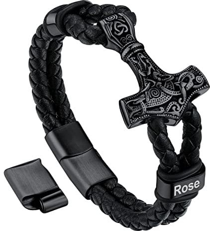 Bandmax Custom Engraved Men's Bracelet Celtic Rune Thor Hammer Charm Black Leather Knot Mjolnir Bracelet for Boys - Adjustable