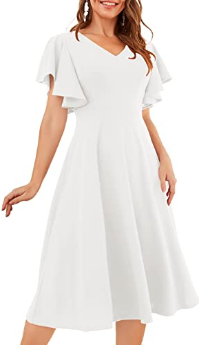 Bridesmay Women Fit and Flare White Dress Elegant Bridesmaid Dresses Vintage Ruffle Sleeves Wedding Guest Dresses for Women White M