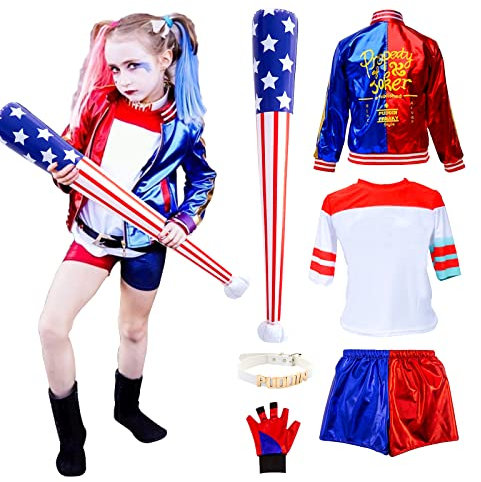 Quinn Kostüm Kinder Damen Halloween Kostüm Kinder Erwachsene Cosplay-Kostüm Mädchen mit Handschuhe Jacke T-shirt Shorts Halskette Halloween Karneval Cosplay(140)