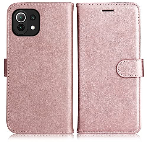 DENDICO Coque pour Xiaomi MI 11 Lite 4G / 5G, PU en Cuir Coque Portefeuille Étui Housse, Design Classique TPU Coque pour Xiaomi MI 11 Lite 4G / 5G, Rose