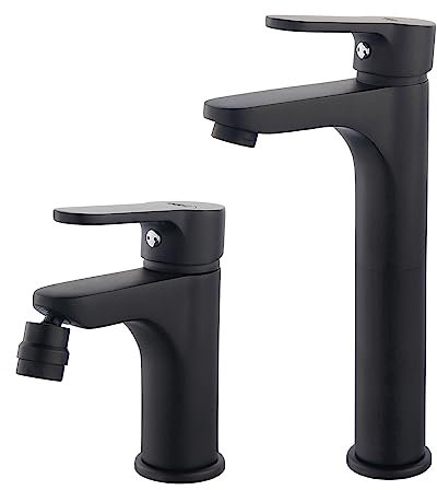 Inbagno Set miscelatori lavabo Alto e Bidet Nero Opaco, in Ottone monocomando, Serie Paco