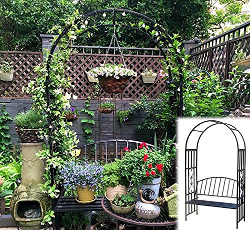 LekLai Gartenbogen Mit Sitz, Pergola-Laubenbogen Aus Metall Für Den Außenbereich, EIN Bogen Zum Zurücklehnen Und Entspannen, Schwarz Pulverbeschichtet, 114 L X 64 B X 205 H cm Spalier