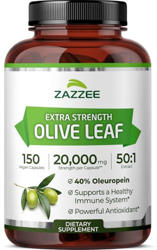 Zazzee Extra Strength Olive Leaf 50:1 Extract, 40% Oleuropein, 150 Vegan Capsules, 5 Month Supply, Olea Europaea, Mediterranean Source, Potent Antioxidant & Immune Support, Non-GMO, Made in the USA