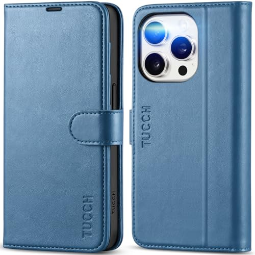 TUCCH Wallet Case for iPhone 15 Pro (6.1) 2023, Magnetic PU Leather Case with [Shockproof TPU][RFID Blocking]Card Holders[Viewing Stand]Protective Flip Cover Compatible with iPhone 15 Pro, Lake Blue