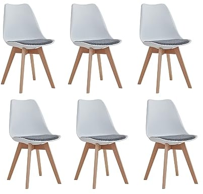 GrandCA HOME Juego de 6 Sillas de Comedor con Patas de Haya Maciza, Diseño Retro, Tapizadas, Sillas de Cocina, Madera,Blanco-QNG