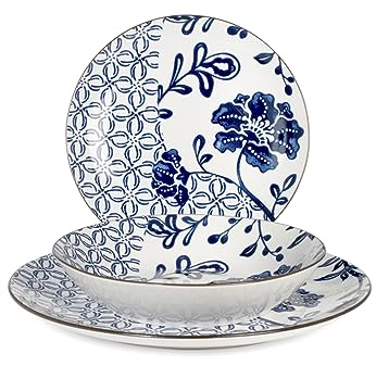 H&H Seta Servizio Tavola, 18 Piatti, Porcellana, Blu e Bianco