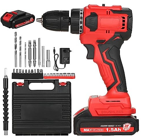 VISLONE 21V Brushless Lithium Drill Set 3/8in Chuck Heavy Duty Electric Drill Power Screwdriver with Bits Sleeves Extension Shaft, LED Work Light 2-variable Speed 25+1 Torque Adjustment 80N.m