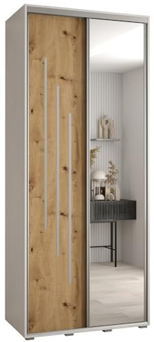 MEBLE KRYSPOL Davos 9 120 Schlafzimmerschrank mit Zwei Schiebetüren - Moderner Aufbewahrungsschrank mit Spiegel, Kleiderstange und Regalen - 235,2x120x45 cm - Weiß Artisan Silber