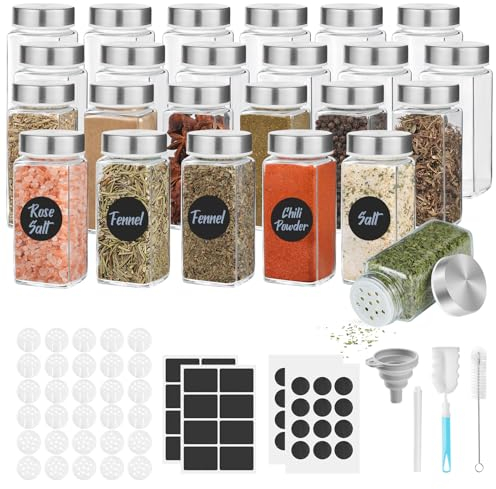 FRIBERG Gewürzgläser Eckig Set mit Edelstahl Deckel[24 x 120ml] Gewürzdosen mit 40 Etiketten,Hochwertige Gewürzbehälter, Gewürze organizer,Gewürzdosen[10,5cm x 4,7cm]