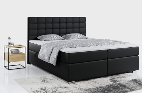 MKS MEBLE Boxspringbett 200x200 mit Bettkasten, Bett 200x200 mit Matratze und Topper - Susan - Schwarz Kunstleder - H3