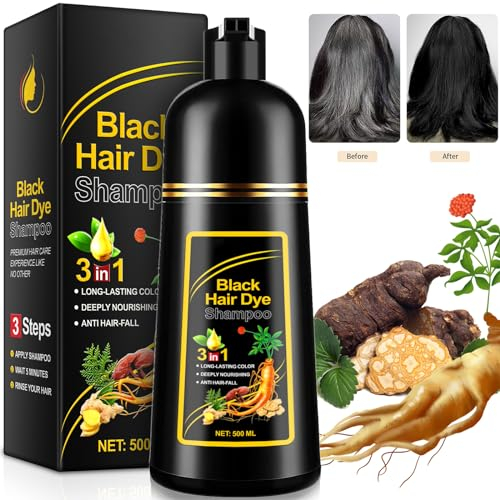 Haarfärbeshampoo Schwarz, 500ML Hair Dye Shampoo 3 in 1 Tönungsshampoo für Graues Haar Haarfärbung in Minuten Männer & Frauen, Lang Anhaltende Shampoo Farben
