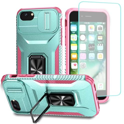 Wanyuexes Case for iPhone SE 2022/SE 3 2022/SE 2020/iPhone 7/8/iPhone 6S/6 with Tempered Glass Screen Protector and Slide Camera Cover, Rotated Ring Car Mount Holder Phone Cover for iPhone 8 PC Green