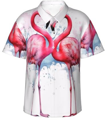 ZHONGSK Chemise hawaïenne boutonnée à manches courtes pour homme, chemise d'été décontractée, flamants roses, imprimé élégant, coupe ample, Noir , S