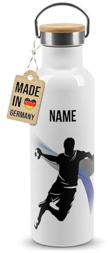 PR Print Royal Edelstahl-Trinkflasche für Sportler mit Name selbst gestalten - Handball - Geschenk Sportler, Personalisierte Handball Geschenke für Männer | Thermosflasche Weiß, 750 ml